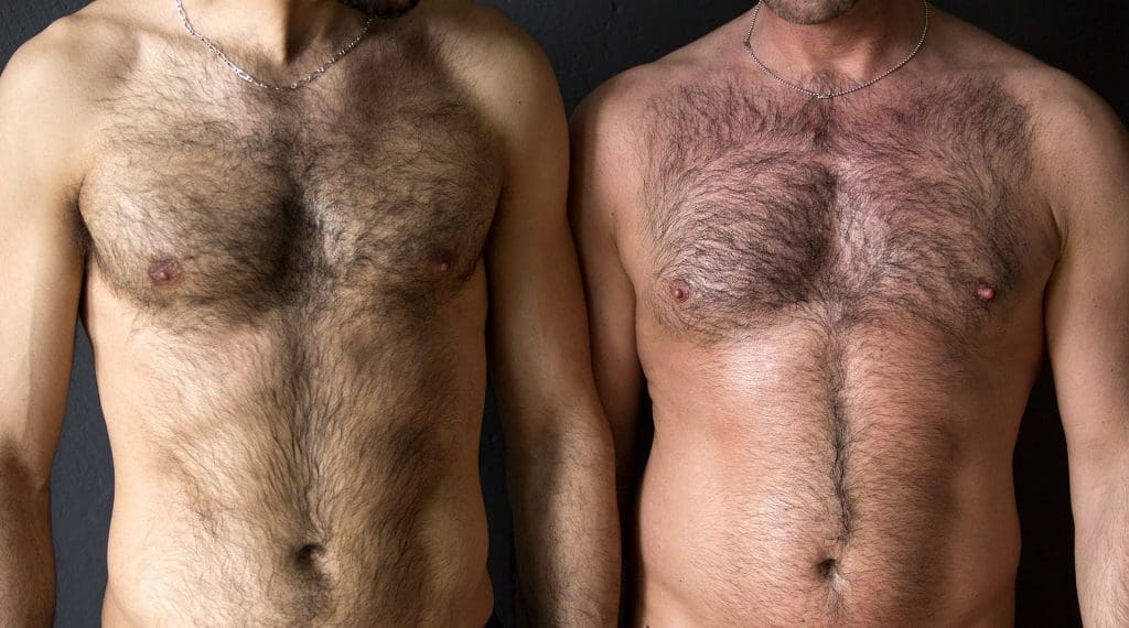 Two gay otter men with hairy chests smiling together